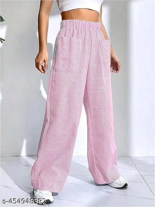 Pink and white striped women's fashion trousers