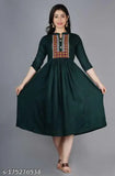 Red Floral Embroidered Rayon Kurti, three-quarter sleeves, A-line design, Indian handcrafted