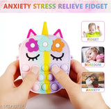 A small pop-it bag in a pink unicorn shape, designed for kids as a fidget toy for stress relief