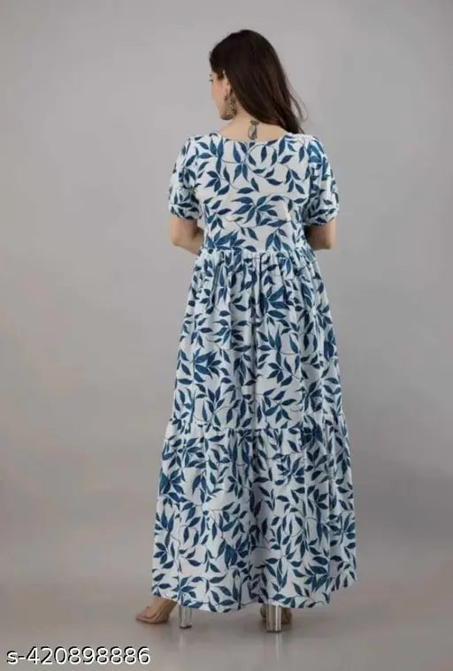 Blue Rayon Short Sleeve Kurti Dress, printed flower design, stylish for women & girls, Indian origin