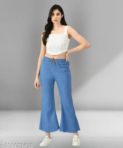 Premium light blue denim stretchable jogger pants, high-waisted, for women