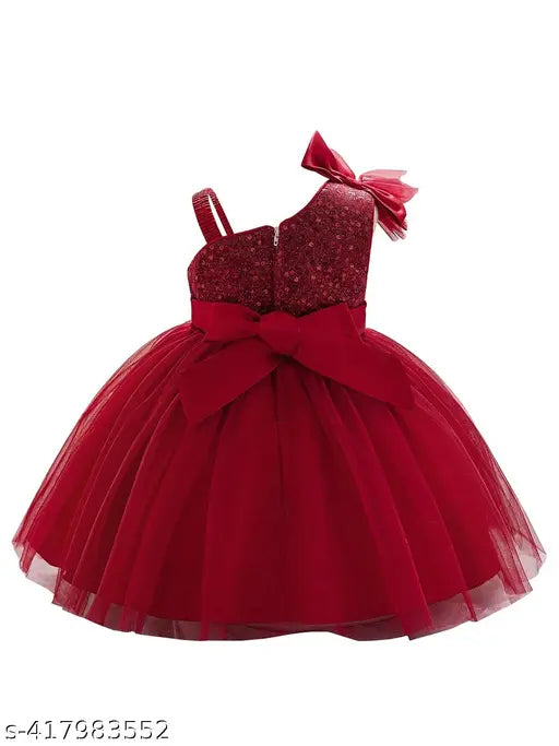 Red cotton embellished baby frock (6-12M, 1-2Y, 2-3Y), black inner set. Adorable Indian-made red dress for babies' events