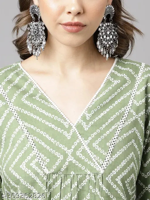 Green cotton Fiorra A-line Kurta with Palazzo pants, printed striped detail, perfect for festive occasions