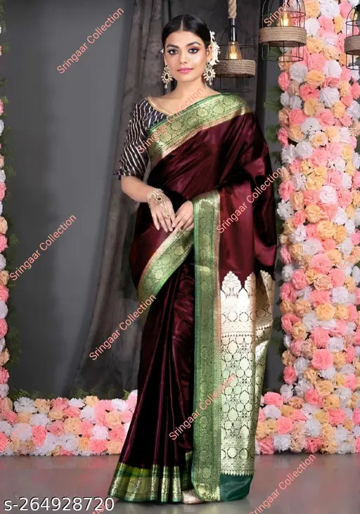Banarasi silk saree, single satin silk saree with zari woven net blouse, traditional Indian attire for women