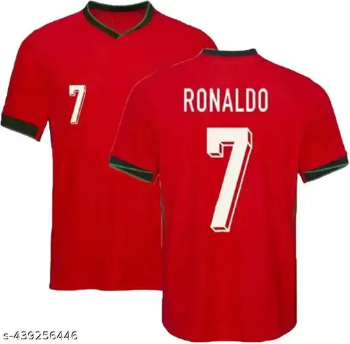 Portugal Red Home Ronaldo 7 Jersey 2024, men's polyester football jersey with short sleeves, printed net design, size M (chest 19in, length 38in), made in India