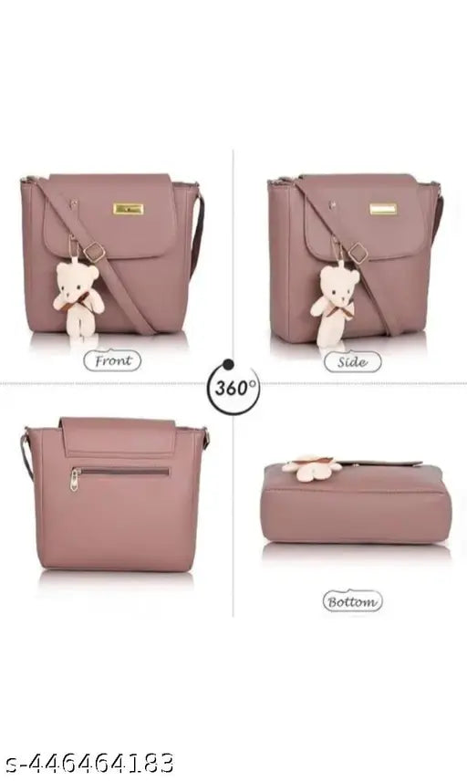 Stylish purple untextured leather handbag, zip closure, adorable teddy bear charm