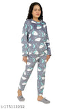 Grey woolen blend fleece fur core velvet night suit printed top and pyjama set