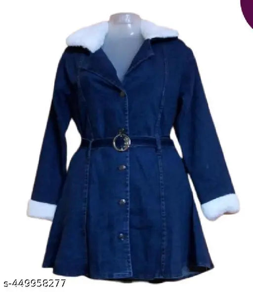 Dark blue denim coat with white fur collar and zip closure