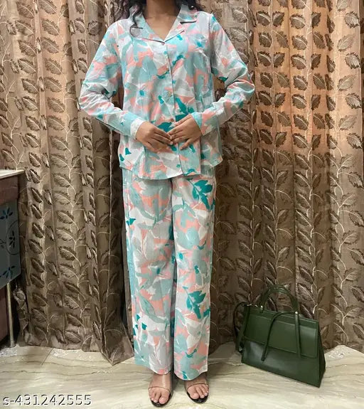Cotton coord set vs night dress set: Printed long sleeve pyjamas in pure cotton for stylish & comfortable daily wear, India origin