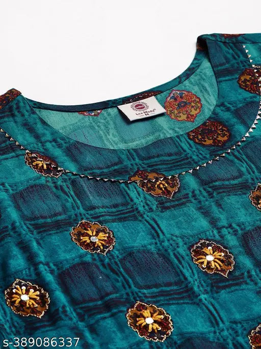 Multicolor viscose rayon Anarkali Kurta for women, three-quarter sleeves, printed design on Indian-origin