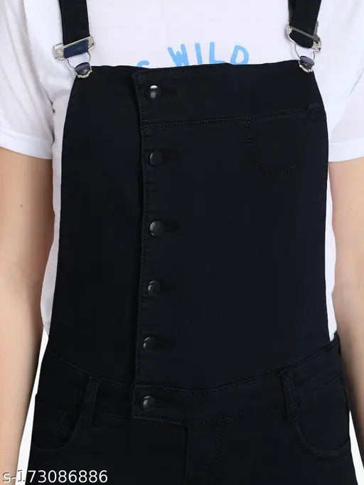 Navy blue denim dungarees with short sleeves, adjustable shoulder straps, and metallic buttons - Indian-made women's high-waist jeans