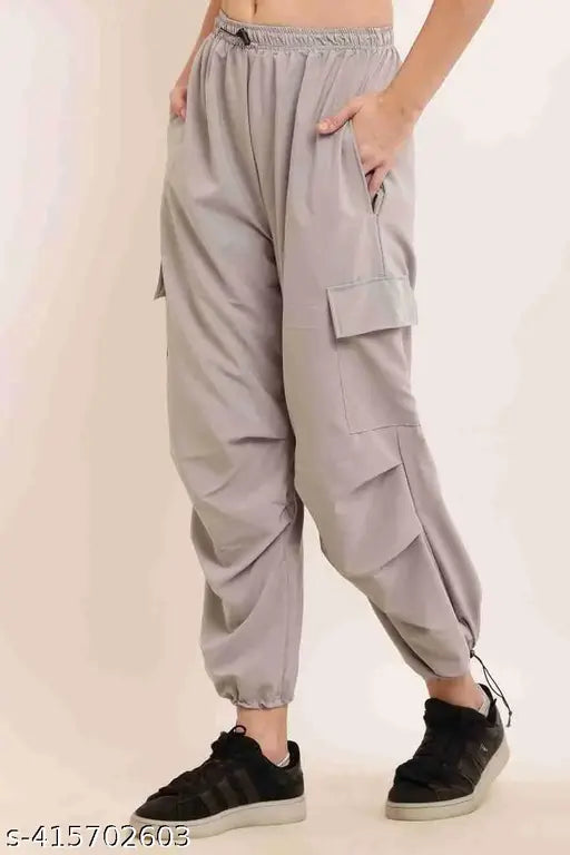 Grey elastic lower trouser pants with drawstring waist, casual wear for girls and women