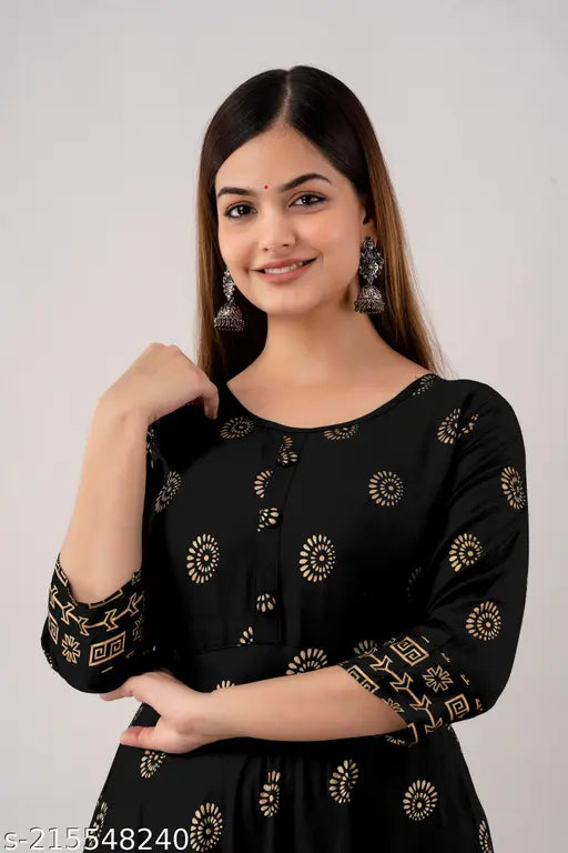 Black rayon Anarkali kurti with gold print, 3/4 sleeves, for office/party wear