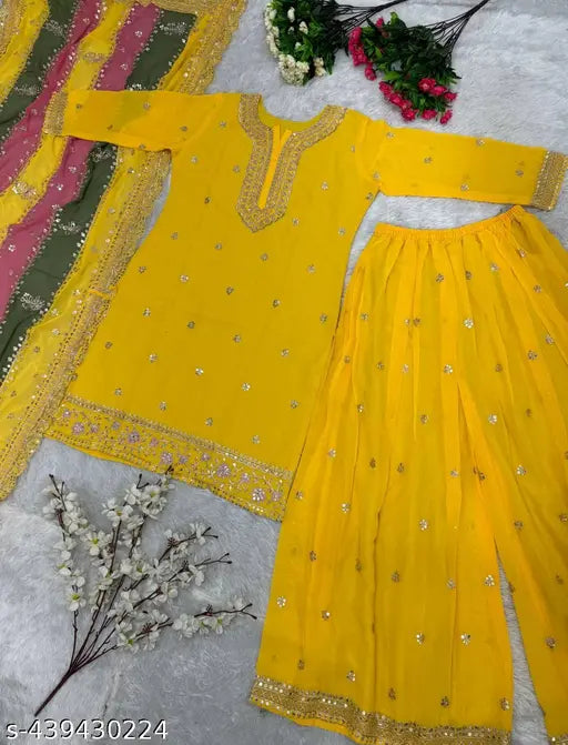 Yellow georgette dupatta with sharara suit set
