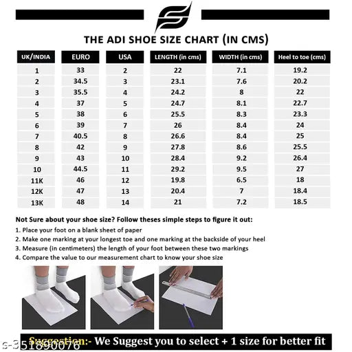 Adidas football shoes for boys, size chart with measurements in inches and centimeters