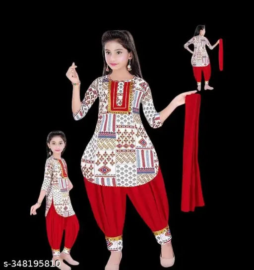 Cotton blend fancy kurta set with dupatta, printed, straight cut, patiala bottom, short sleeves - Indian traditional ethnic dress for kids