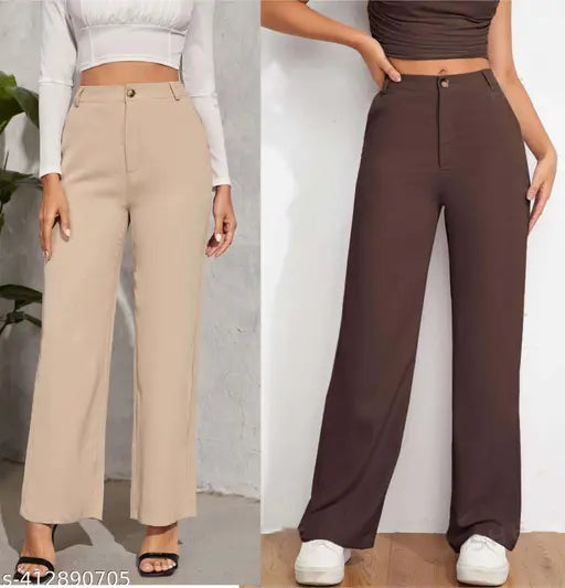 Brown casual straight fit trousers for women
