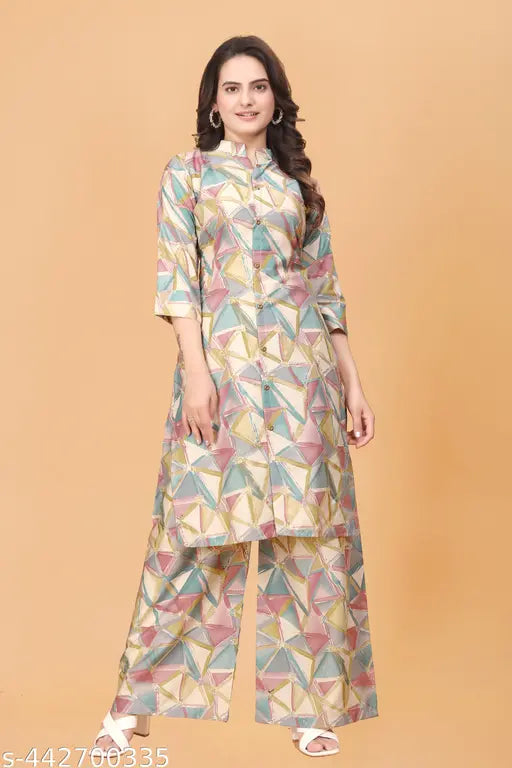 Printed Indian kurta and palazzo set for women, pair with varying sizes from S to 5XL