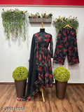 Black georgette kurta set with palazzo pants & dupatta: Floral print in black, red, and gray - Ideal for casual to formal occasions, Indian ethnic wear