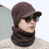 Brown woolen beanie hat with fur inside, snow and airproof for winter. Imported warm winter cap style with scarf