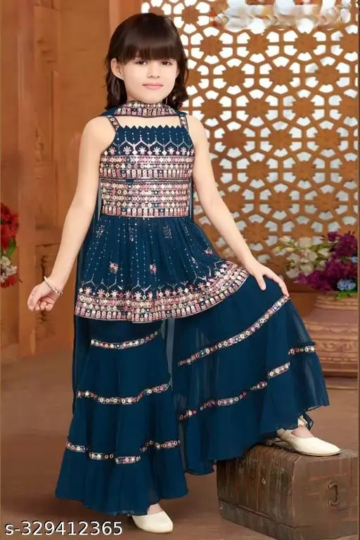 Blue georgette sharara set with sequinned embroidered kurta plazzo and dupatta, perfect for children's special occasions