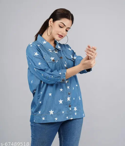 Embroidered denim jacket for women, three-quarter sleeves, versatile casual wear with collar neck and functional pockets. Indo-western fashion jacket, perfect for any occasion