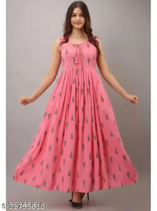 Women's pink rayon sleeveless anarkali gown with printed combo, single sizes S-XXXL/4XL from India (S: 38in bust, 50in size length)