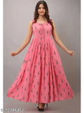Women's pink rayon sleeveless anarkali gown with printed combo, single sizes S-XXXL/4XL from India (S: 38in bust, 50in size length)