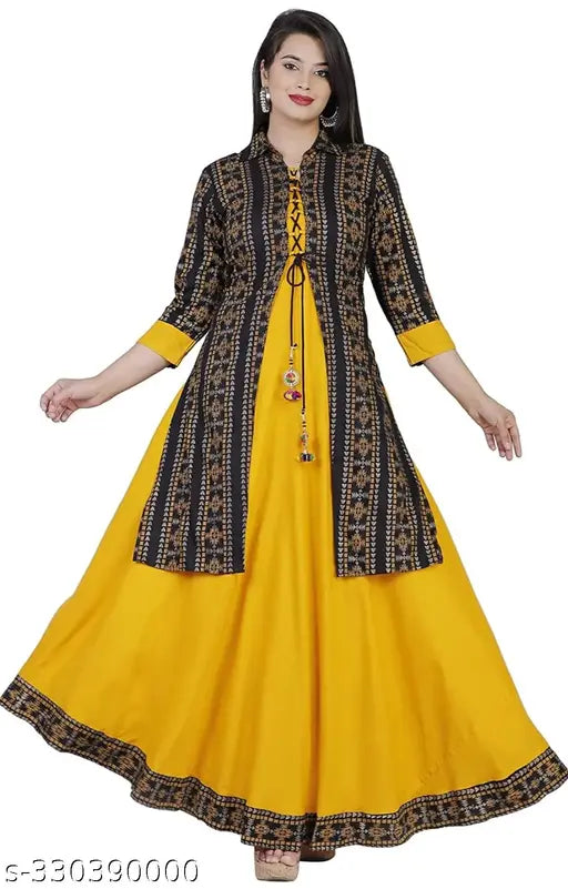 Rayon Anarkali Kurti with Long Shrug Pack of 1 - Indian printed women's kurti set featuring a shrug jacket in various sizes (S-XXXL) for casual, party, or festival wear