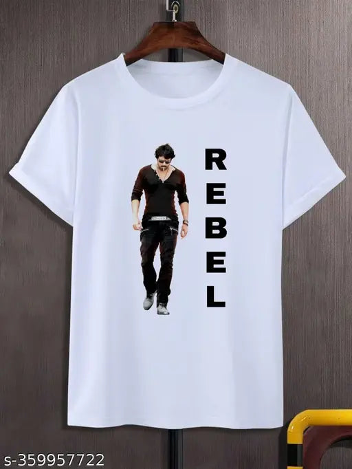 Printed polyester short sleeve t-shirt, POLY REBEL LOOK on hanger, versatile fashion for all sizes