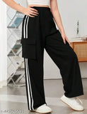 Black 4-pocket wide-leg trousers with white stripes, casual style.