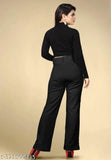 A woman in a black regular fit casual cotton pant