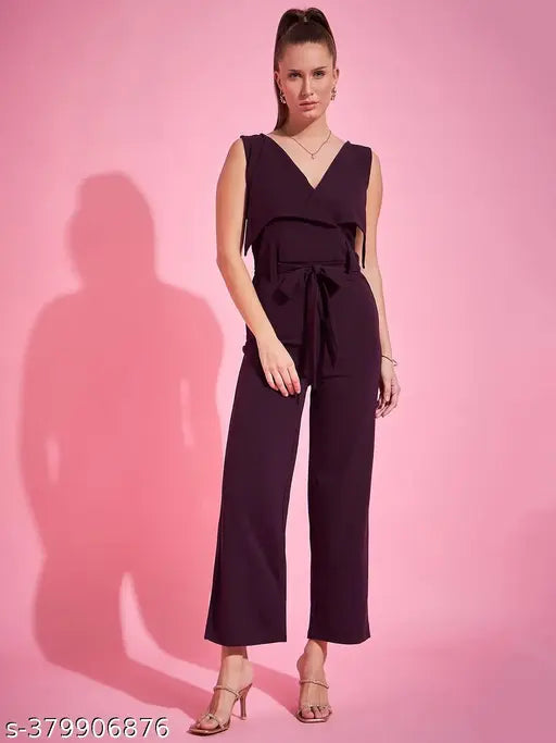Polycotton V-neck full length jumpsuit with belt, solid design for women's fashion in various sizes