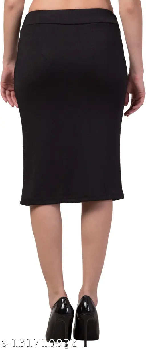 Black cotton blend skirt for women and girls, solid black front button style, perfect for various sizes: 28, 30, 32, 34 inches length