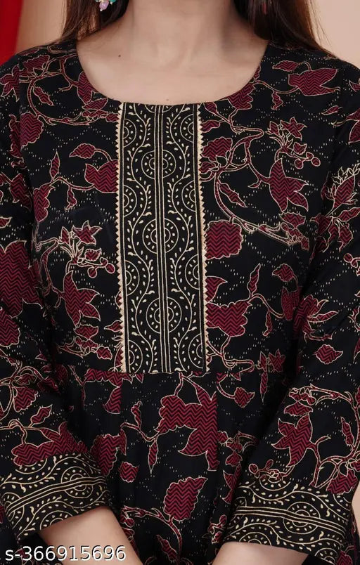 Golden printed Anarkali kurti, rayon three-quarter sleeve, Indian traditional fashion wear for women in various sizes