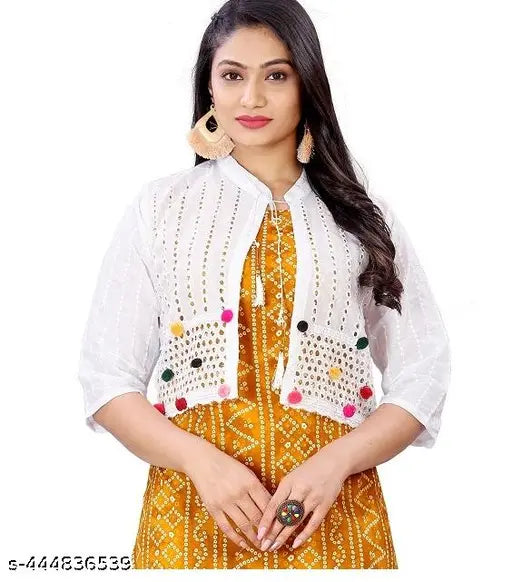 Cotton blend self-design net waistcoat for trendy women jackets, three-quarter sleeves, sizes XXS to XXXL from India