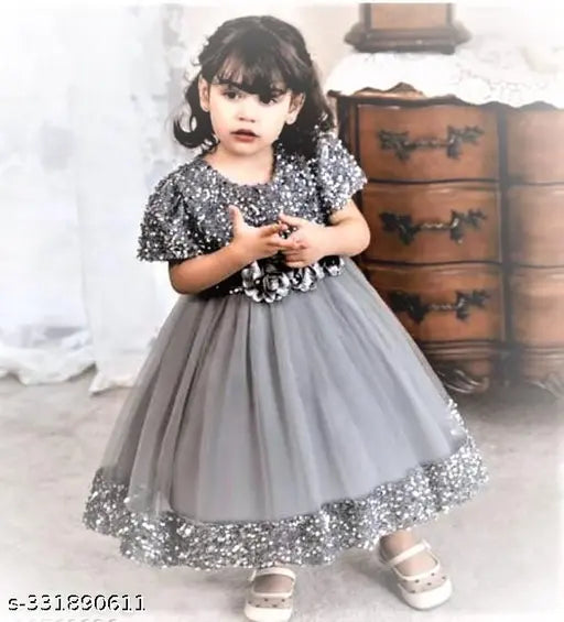 Grey net frock, intricate lace detailing, versatile children's fashion - India