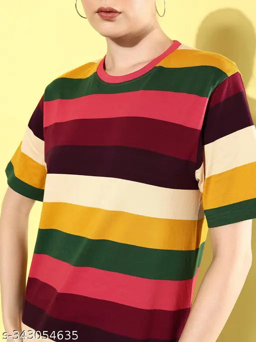 A striped multi-colored oversized t-shirt with short sleeves