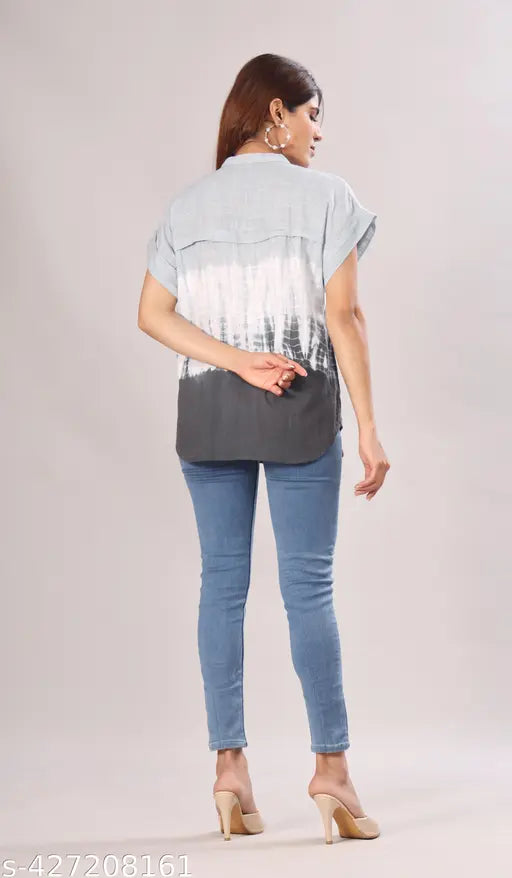 Grey tie-dye cotton slub top with short sleeves and printed pattern, versatile casual fashion, fits perfectly, made in India