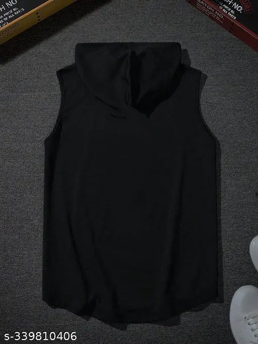 Trendy sleeveless polyester gym t-shirt for men in hoodie style, printed net design. Available in sizes M (40in chest), L (42in chest), XL (44in chest), XXL (46in chest). Made in India