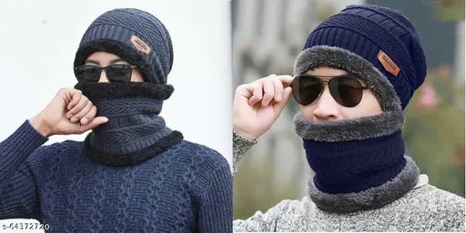 Trendy acrylic cap & fur-lined scarf set for men, textured pattern, onesize (Pack of 2) - fashionable winter warm wear