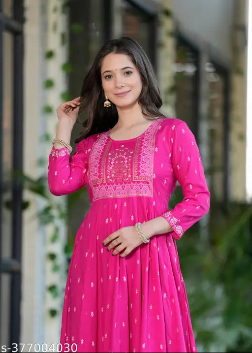 Geometric print rayon dress, long ankle-length kurta gown for women & girls. Beautiful premium design, India origin