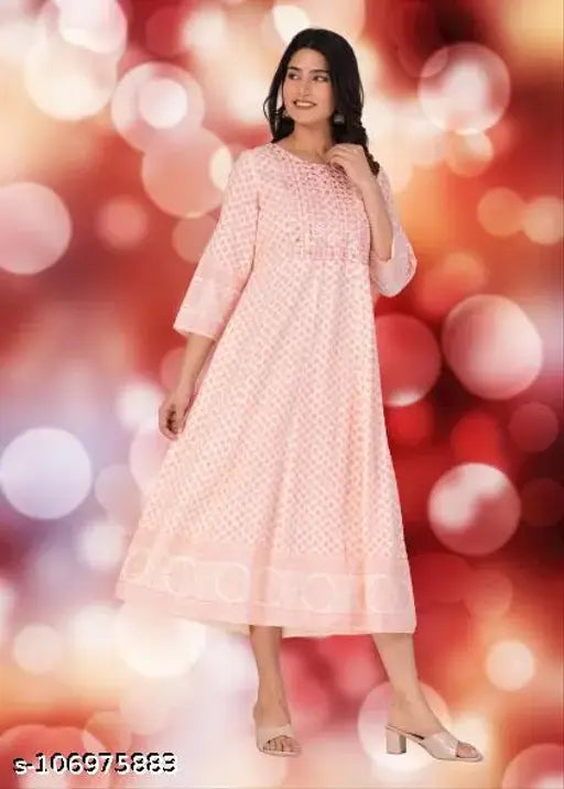 Pink rayon embroidered anarkali kurta with floral print