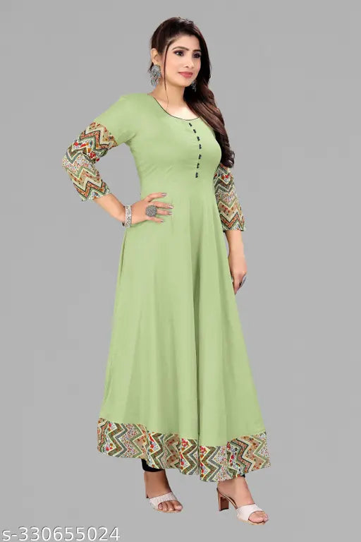 Viscose rayon solid border Anarkali Kurti in PISTA color, great for office or social occasions, comfortable for everyday use