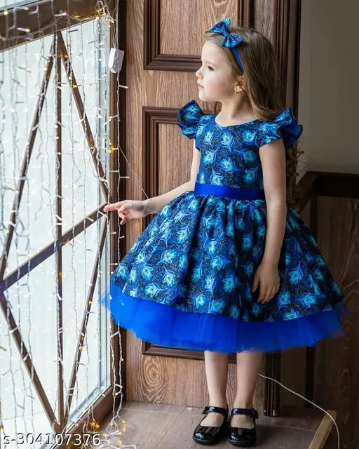 Blue satin printed net Kids Round Neck Dress by Niren Enterprise, suitable for various kid's occasions in 1-8 years sizes