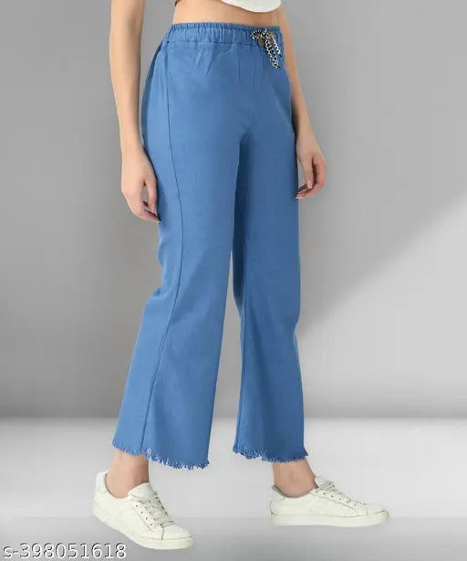 High-waisted, stretchable, light blue denim flared women's jogger jeans with bell bottom style
