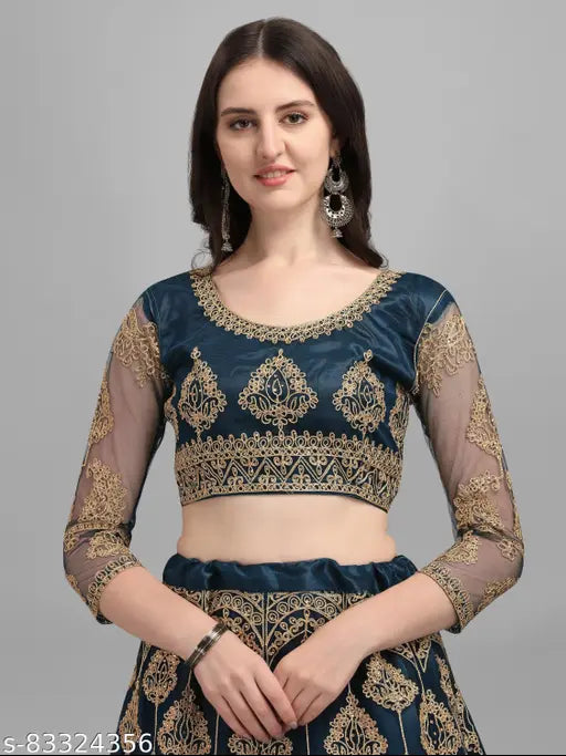 Embroidered net Lehenga Choli set with heavy Kali work and stone detailing, ultra satin inner. Indian Patlani style semi-stitched Lehenga (44m waist, 44m length), unstitched Choli (0.80 mtr), and dupatta (2.25 m)