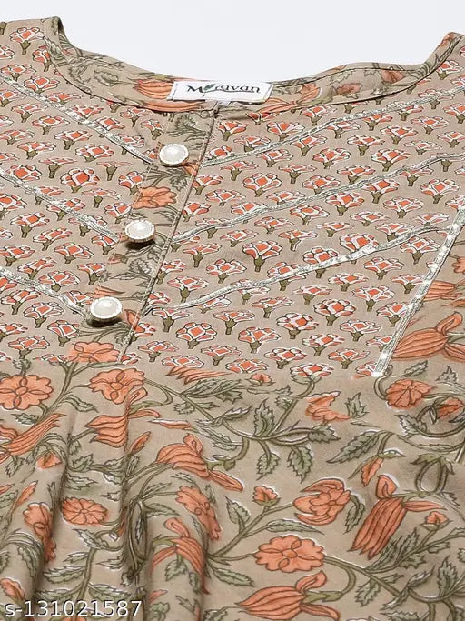 Beige cotton floral printed anarkali kurta for women, short sleeves, 3/4 length, ideal for parties and events