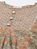 Beige cotton floral printed anarkali kurta for women, short sleeves, 3/4 length, ideal for parties and events
