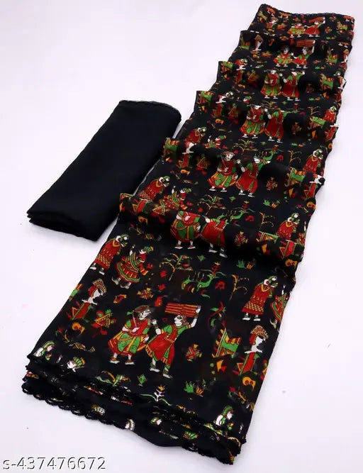 Hand-painted Indian kalamkari Georgette saree with separate blouse piece, featuring intricate printed pattern on both the saree and blouse. Single free size (saree length: 5.5m, blouse length: 0.8m). Authentic Indian craftsmanship